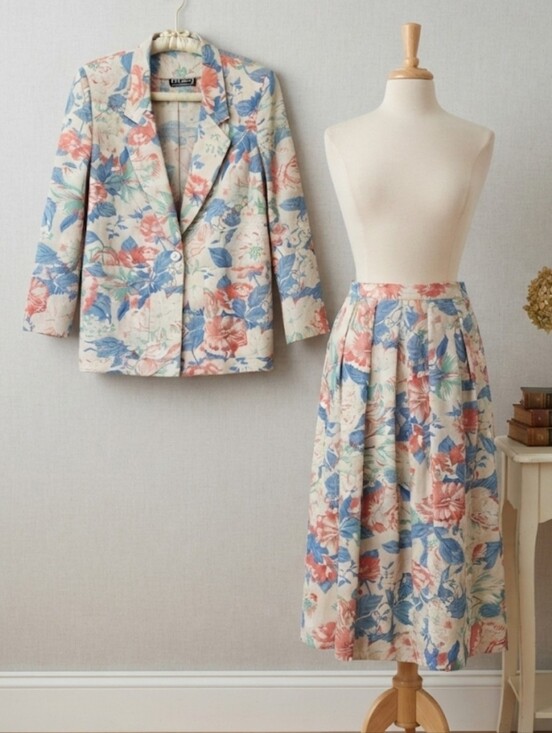 Vintage Dresses & Skirts - Vintage Floral Blazer Skirt Suit Set Womens 10 Cottagecore Grandmacore 90s